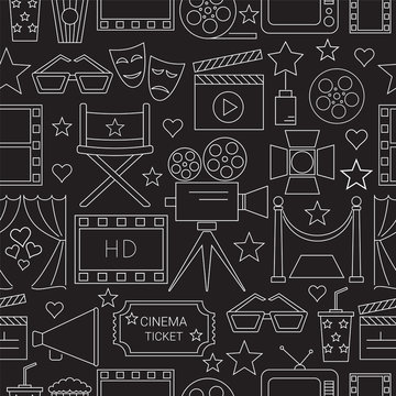 Movie Vector Seamless Pattern Background with cinema line icons.