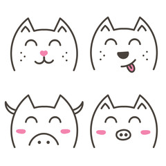 Cute doodle animals set, collection. Cat, dog, pig, cow isolated on white background.