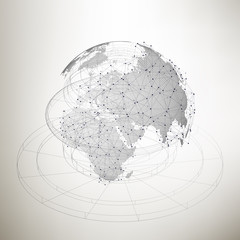 Three-dimensional dotted world globe with abstract construction and molecules on gray background, low poly design vector illustration