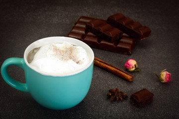 Cup of Coffee with Chocolate  on Dark Background in Retro Vintag