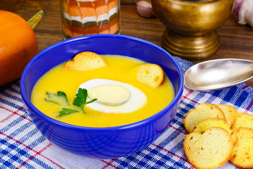 Pumpkin Cream Soup with Egg and Bruschetta Diet Food