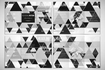 Set of tri-fold brochure design template. Triangular vector pattern. Abstract black triangles on white background