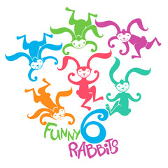 Funny bunnies. Silhouette bright multicolored rabbits jump.