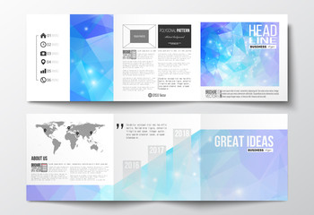 Vector set of tri-fold brochures, square design templates. Abstract colorful polygonal background, modern stylish triangle vector texture