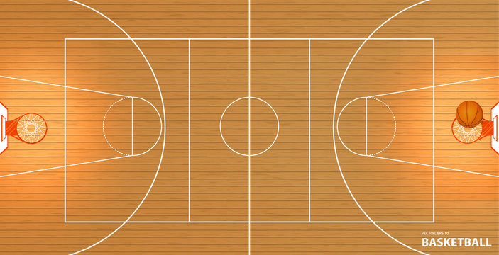 Vector illustration a basketball court, top view, a ball in a basket, space for text,  lorem ipsum