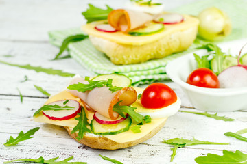 spring sandwich with curd cheese and ham.Shallow depth of field