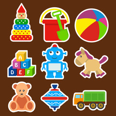 set stickers with a picture of children toys for nursery.