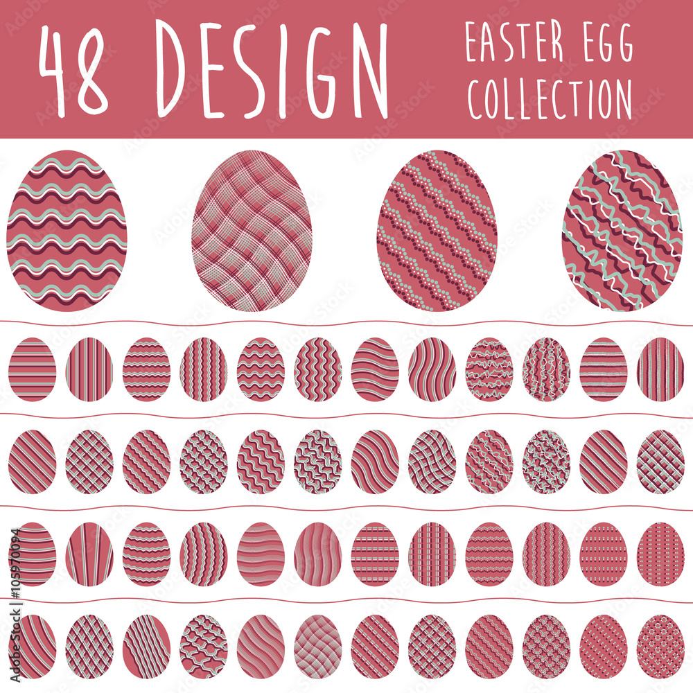 Poster easter egg collection with 48 different design in red color isolated on white background. set of eas
