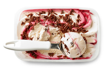 Ice cream in plastic box and scoop