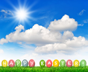 Colorful Easter eggs sunny blue sky. Happy Easter