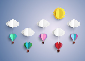 Fototapeta premium Minimal Paper Cut Hot Air Balloons with Clouds