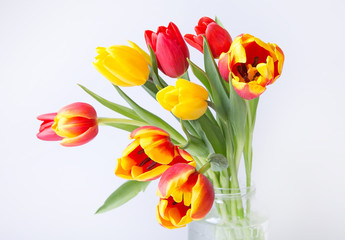 Color tulips on wooden background with copy space for message. Top view. For Mother's Day, Woman's day or Wedding day