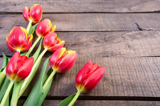 Color tulips on wooden background with copy space for message. Top view. For Mother's Day, Woman's day or Wedding day