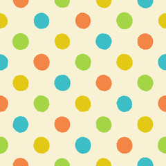 Rough polka dot vector seamless pattern. Seamless retro polka dot pattern with uneven orange, yellow, green and blue circles on a light beige background, vector EPS8. © Natalia Bykova