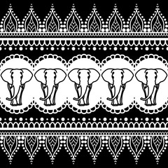 Mehndi henna border seamless pattern element with elephants and flower line lace in Indian style isolated on black background.