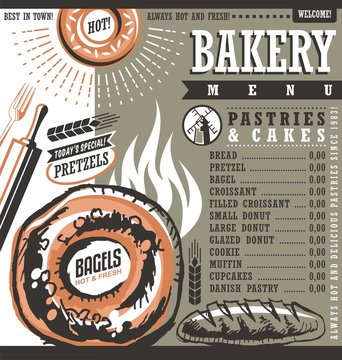 Bakery shop retro vector price list or menu design layout