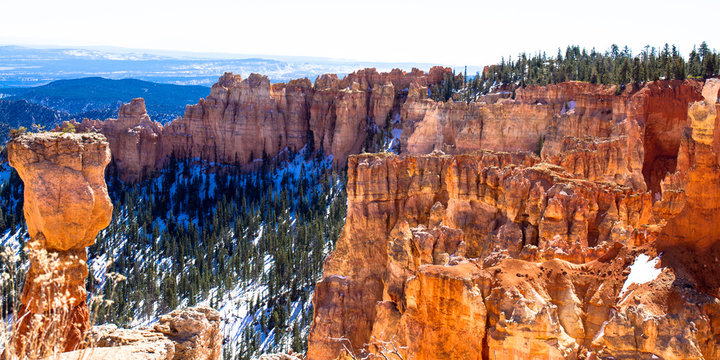 Panorama of stone hoodoos in Bryce Canyon National Park  with snow in winter