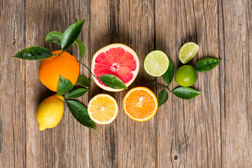 Citrus fruits  on a wooden table