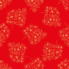 Chinese style seamless pattern. Golden sakura flowers on red background