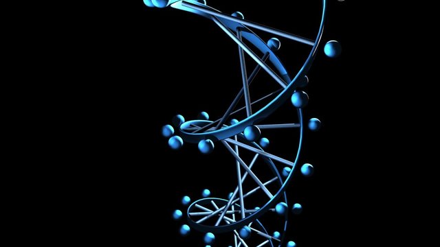Spiraling 3D Blue DNA helix past camera on black.