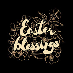 Easter greeting card. Cherry blossoms with handwritten text "Easter blessings"