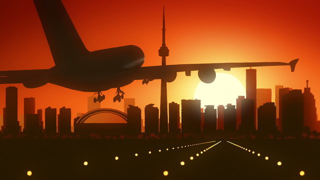 Toronto Canada Airplane Landing Skyline Golden Background 