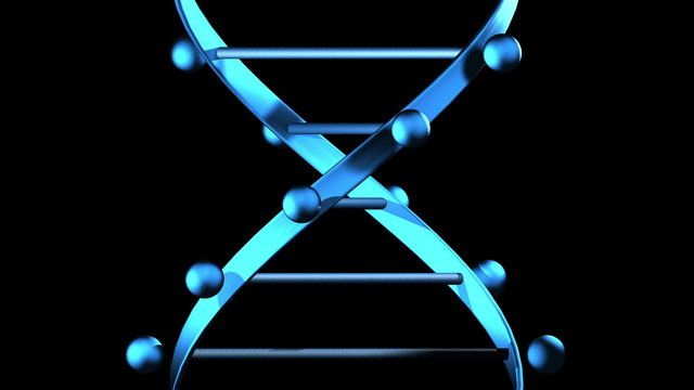 Spiraling blue 3D DNA helix on black.