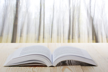 Open book at wooden table on natural blurred background
