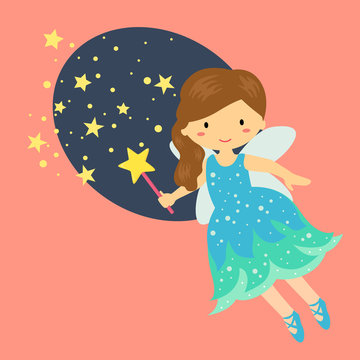 Illustration of Cute Little Blue Fairy with Wand and Stardust Flying in Pink Background.