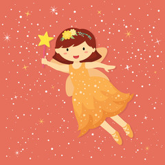 Illustration of Cute Little Orange Fairy with Wand and Stardust Flying in Star Red Background.