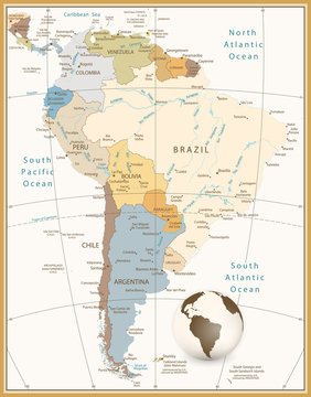 South America Detailed Map Retro Style