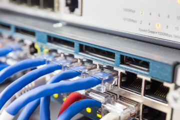 UTP Cat5e Cable connected Network switch close up for transfer data and information