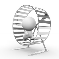 white 3d human character running in a hamster wheel 