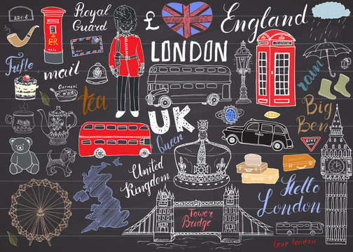 London city doodles elements collection. Hand drawn set with, tower bridge, crown, big ben, royal guard, red bus, UK map and flag, tea pot, lettering, vector illustration on chalkboard