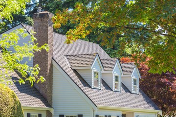 Custom built luxury house in a residential neighborhood in North America on a sunny day. Roof of the house.