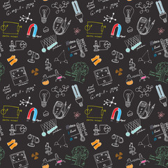 Physics and sciense seamless pattern with sketch elements Hand Drawn Doodles background Vector Illustration