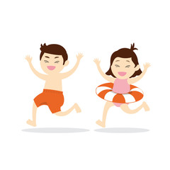 Happy cute boy and girl running to the beach