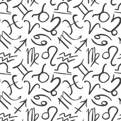 Zodiac signs seamless pattern. Hand drawn astrology symbols. Horoscope icons vector illustration