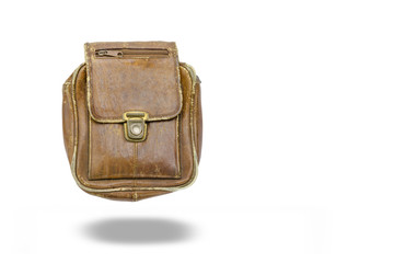 old leather haversack  isolated on white background,clipping pat