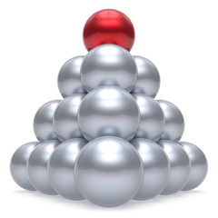 Pyramid leader sphere ball hierarchy corporation red top order leadership element teamwork group business concept shiny sparkling white chrome. 3d render isolated