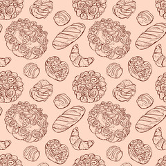 Bake bakery. Baking. Bakery products. Pastry. Baton, croissants, pretzel, bun, bread, cheesecake, cookies, cake, berry pie, shred-pie. Vector seamless pattern (background).