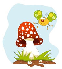 Cartoon butterfly and a mushroom over blue sky