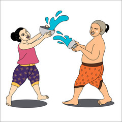 Thai girl and boy enjoy splashing water in Thai new year's Day,Thailand-Vector illustration, Songkran Festival-Vector illustration
