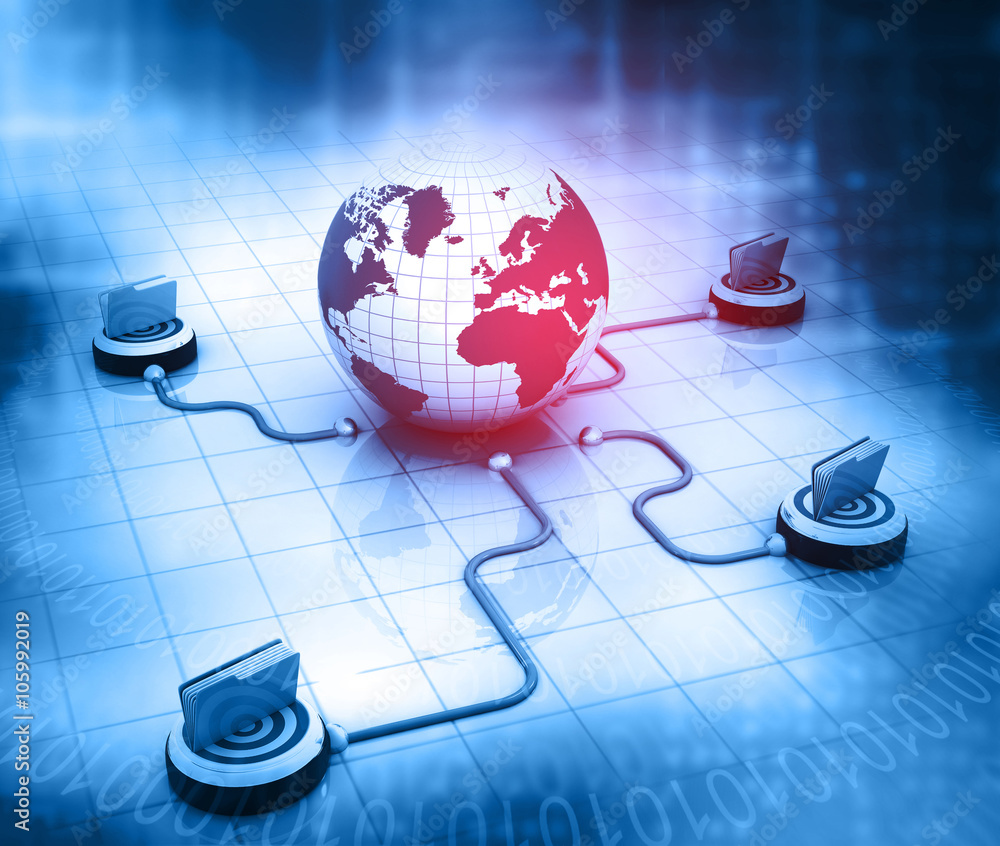 Poster computer network. world with folders and documents.