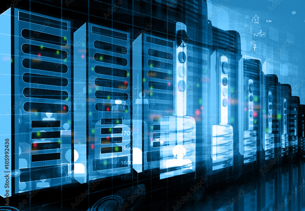 Poster modern network server room in data center