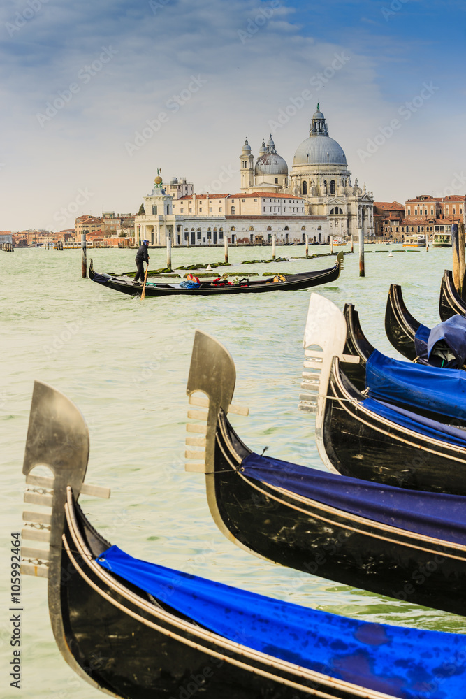 Wall mural gondolas in venice with san giorgio maggiore church. san marco, venice, italy