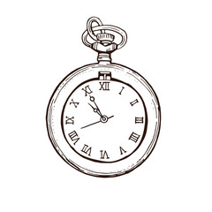 Open Pocket Watch In Vintage  Style. Hand drawn ink sketch vector illustration