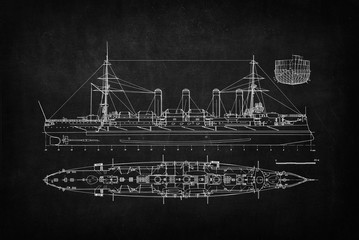 Built in 1903 old armored cruiser. A great wall poster for a steam-punk-styled home office or an office of an engineering firm