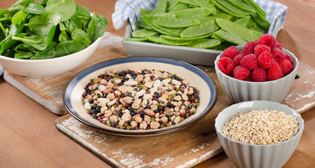 High Fiber Foods on wooden background.