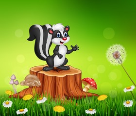 Cartoon funny skunk on tree stump in summer background